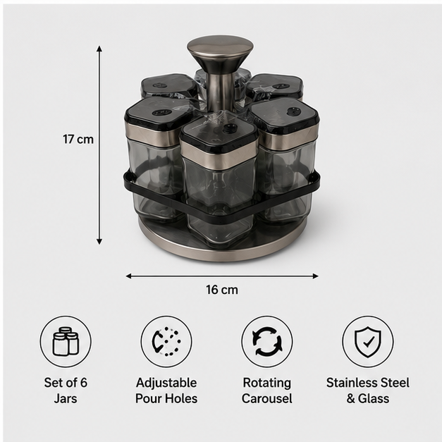 Rotating Glass Seasoning Jar Set with Stand - Set of 6 (YM068)