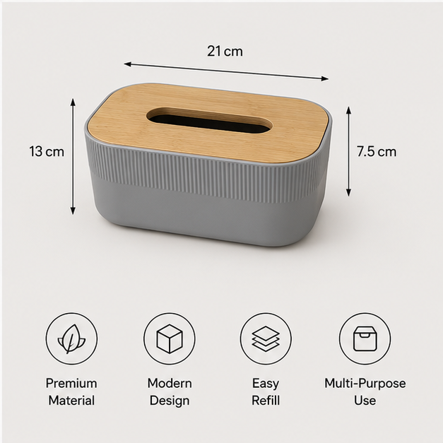 Tissue Paper Box with Wooden Lid Grey (YM2712)