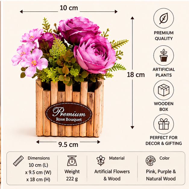 Decorative Artificial Rose Arrangement in Wooden Box (YM2255)