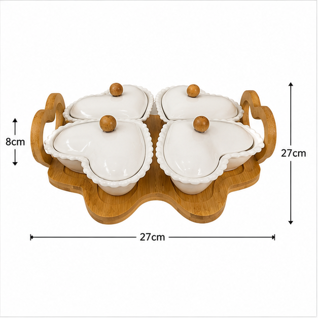 White Ceramic Serving Bowl Set with Wooden Tray (YM476)
