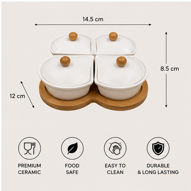 White Ceramic Serving Bowl Set with Wooden Tray (YM391)