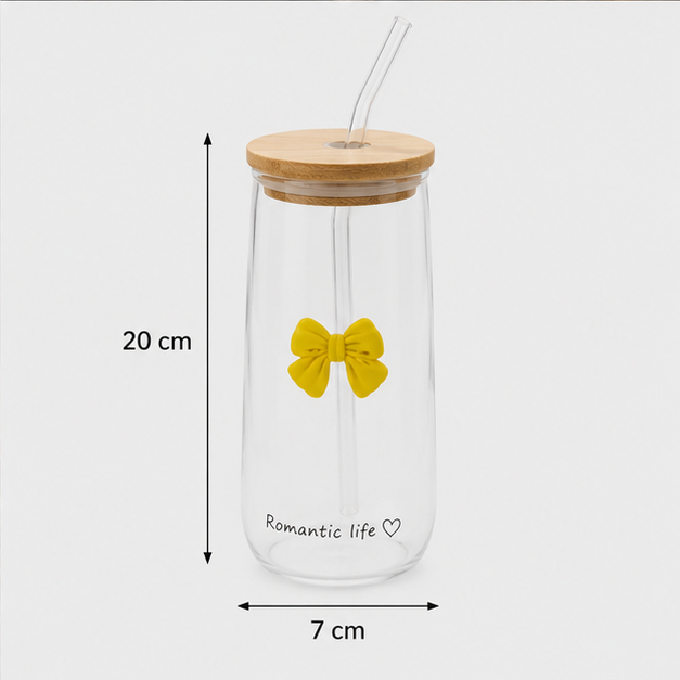 Glass Tumbler with Straw & Yellow Bow Design (YM1543)