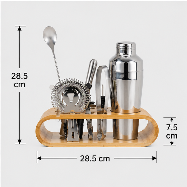 Cocktail Shaker Set with Wooden Stand Silver (YM1053)
