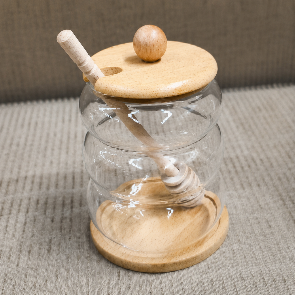 Glass Honey Jar with Wooden Lid & Honey Dipper(YM2446)