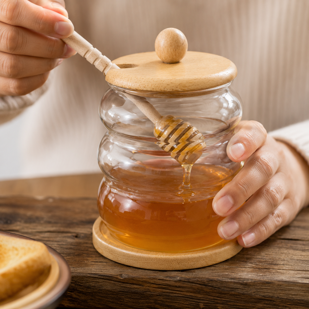 Glass Honey Jar with Wooden Lid & Honey Dipper(YM2446)