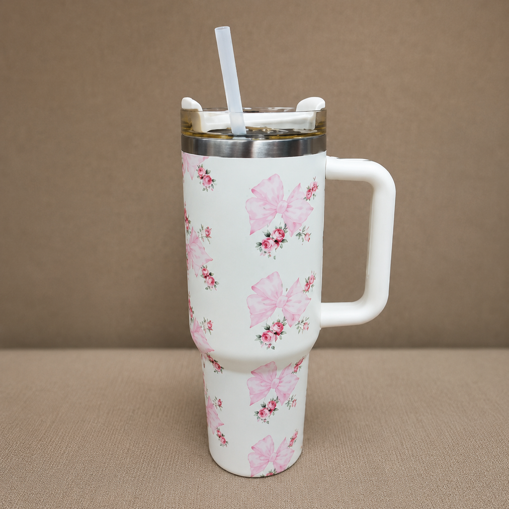Cream Floral Stainless Steel Tumbler with Handle (YM2147)