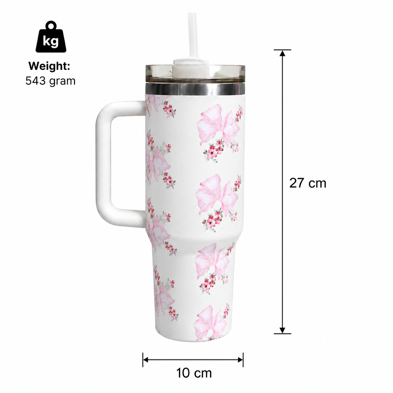 Cream Floral Stainless Steel Tumbler with Handle (YM2147)