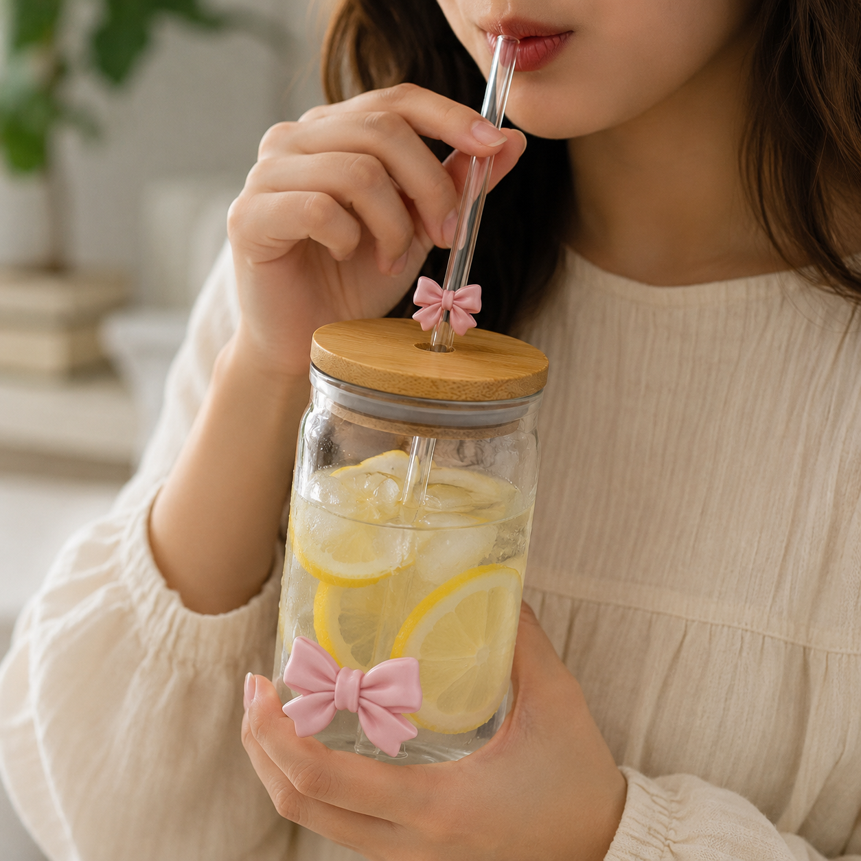 Glass Sipper Jar with Bamboo Lid & Glass Straw(YM1543)